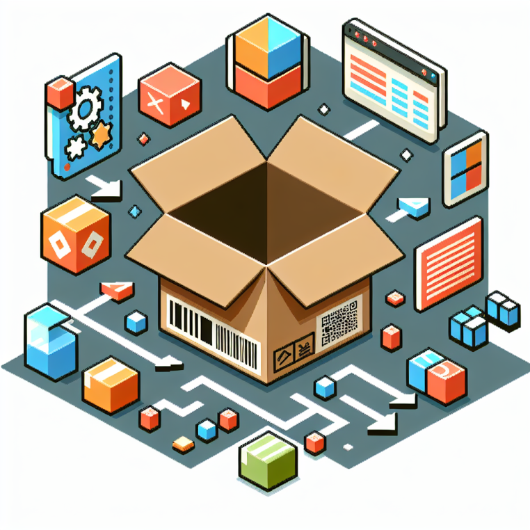 A simple, flat 2D illustration depicts an open package box with basic digital script symbols, small code blocks, and algorithm icons rising from it. Stylized arrows represent data flow around the box. The art uses five solid corporate colors in an 8-bit, geometric, pixelated style. The image is 128x128 pixels, transparent background, no text, no people, and no shading.