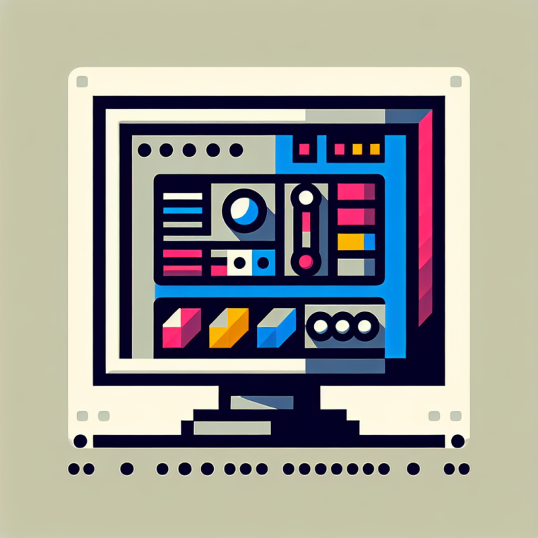 A small, square 8-bit style image shows a simplified computer monitor on a plain white background. The monitor screen contains graphic representations of adjustment sliders and toggle switches, all depicted with clean, flat shapes. The overall design uses five distinct, solid colors reminiscent of Visual Studio Code’s palette, arranged minimally with no people, writing, shadows, gradients, or reflections. The image is highly geometric and stylized, measuring 128 by 128 pixels.
