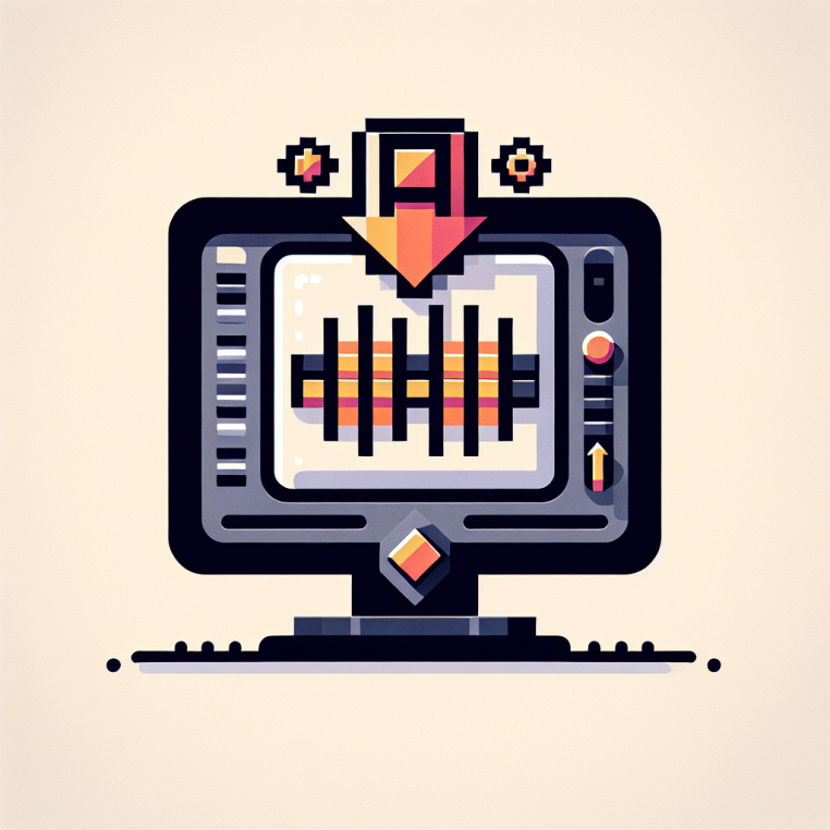 A simple 8-bit style graphic features a blocky computer monitor displaying an audio waveform. Nearby, a video file icon transitions into an audio file icon, indicated by an arrow between them. There is also a symbol for SRT subtitles and a small settings gear, all created with flat geometric shapes using five colors against a blank background. There are no people or text in the image, and the size is 128 by 128 pixels.