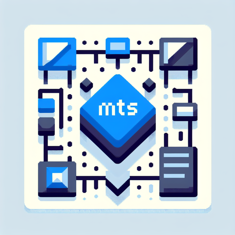 A simple 8-bit style image shows a blue file icon marked ".mts" linked with dotted lines to two other file icons: a dark gray one representing JavaScript and a light gray one for TypeScript. All icons are arranged on a plain white background with a geometric arrow indicating import, using blue, gray, black, white, and yellow. The design is flat, highly simplified, without people or text, and measures 128 by 128 pixels.