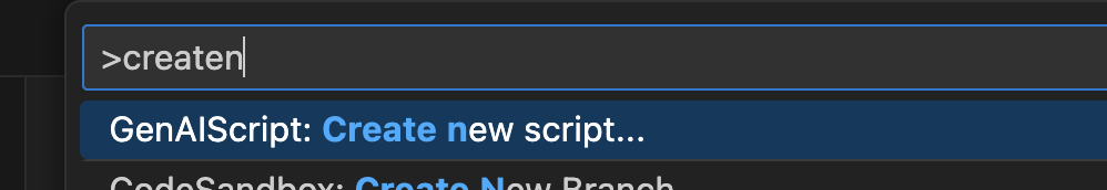 A search bar with the text "createn" entered, displaying a suggestion for "GenAIScript: Create new script..." in a dropdown menu.