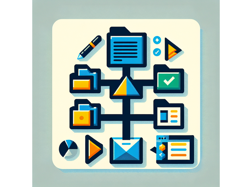 A clean, pixel-art style image shows a geometric file folder holding several colored file icons, with one icon visibly highlighted as if selected. Nearby are stylized shapes representing documents, a code symbol, a prompt box displaying a sample poem line, and simple icons including a pen and a check mark suggesting proofreading tools. Abstract interface elements hint at creating prompts and running scripts. The artwork uses flat blue, yellow, green, orange, and gray shapes on a plain white background, without any shadows, people, or actual text. The composition is simple and compact, fitting a small square format.